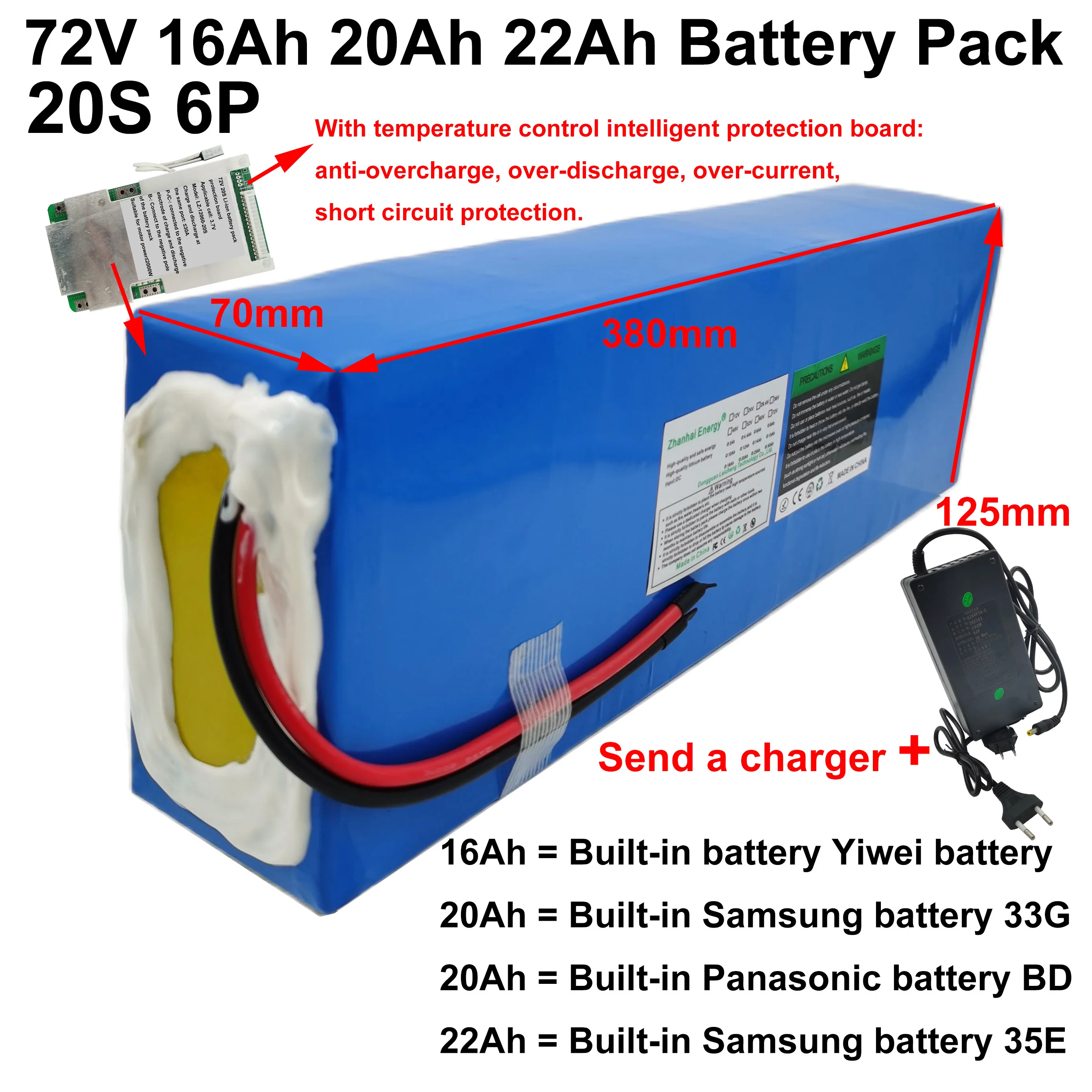 72V 16Ah 20Ah 22Ah 18650 Li-Ion Baterai Isi Ulang 20S 6P untuk Di Bawah 2000W Sepeda Listrik Sepeda Motor Dapat Disesuaikan