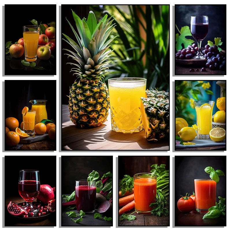 Fruit And Orange Lemon Apple Juice Canvas Posters Prints Wall Art Painting HD Picture For Modern Kitchen Living Room Home Dec