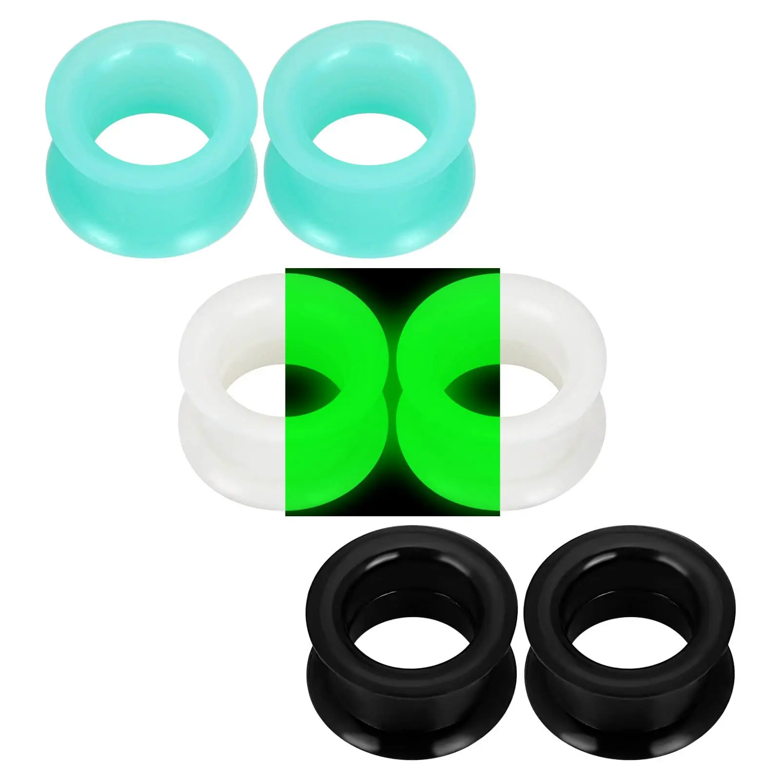 3 Pairs Black/Luminous/Cyan Thin Silicone Double Flared Flexible Tunnels Ear Skin Stretcher Plugs Gauges Kit Piercing Jewelry