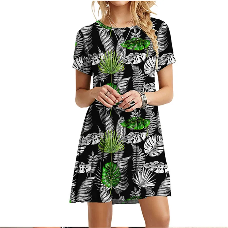 3D Green Leaves Floral Printed Mini Dress For Women 2022 Summer Loose Oversized Casual Short Sleeve O-Neck A-Line Dress Sundress