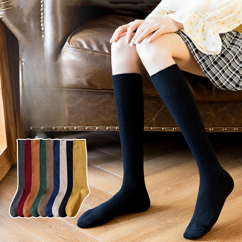 Women's Cotton Knee High Socks Black and White Solid Color Fashion Casual Socks for Girls Party Dancing Sexy Stockings