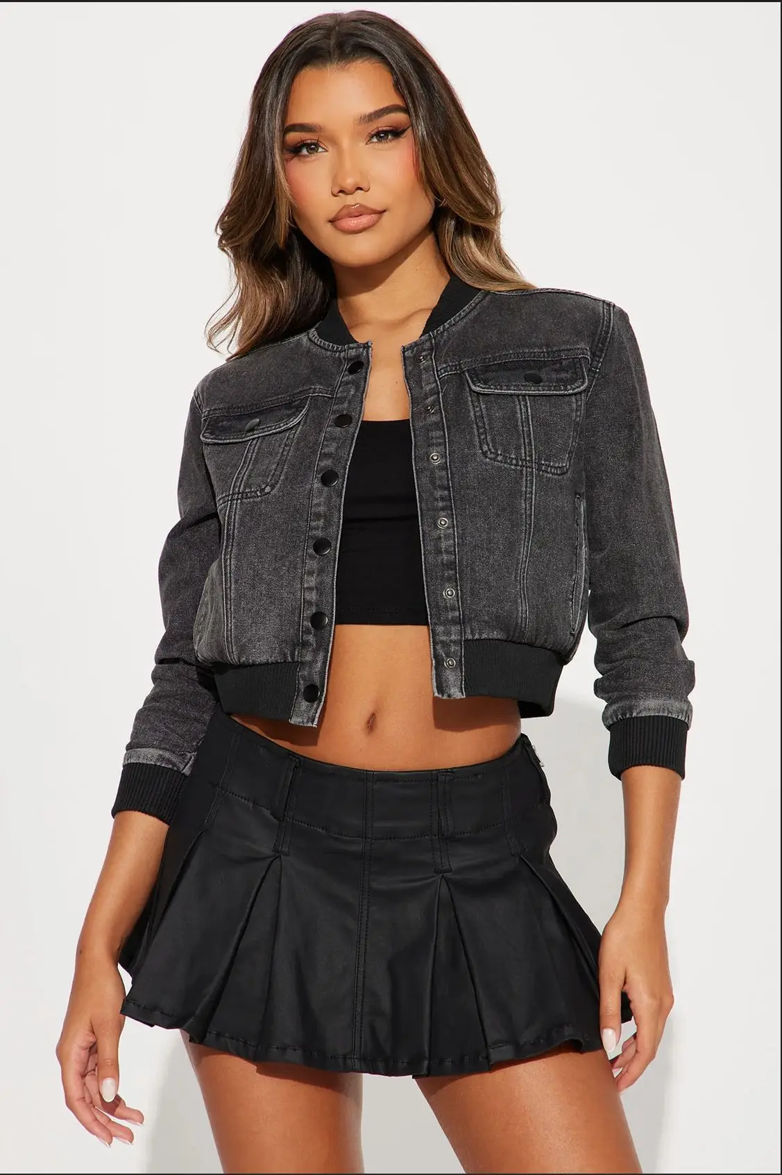 ผู้หญิงเสื้อแขนยาว DENIM แจ็คเก็ตเดี่ยว Breasted Coat เสื้อสเวตเตอร์ถักเปิดลงปก VINTAGE Spliced กระเป๋า 2025 Slim