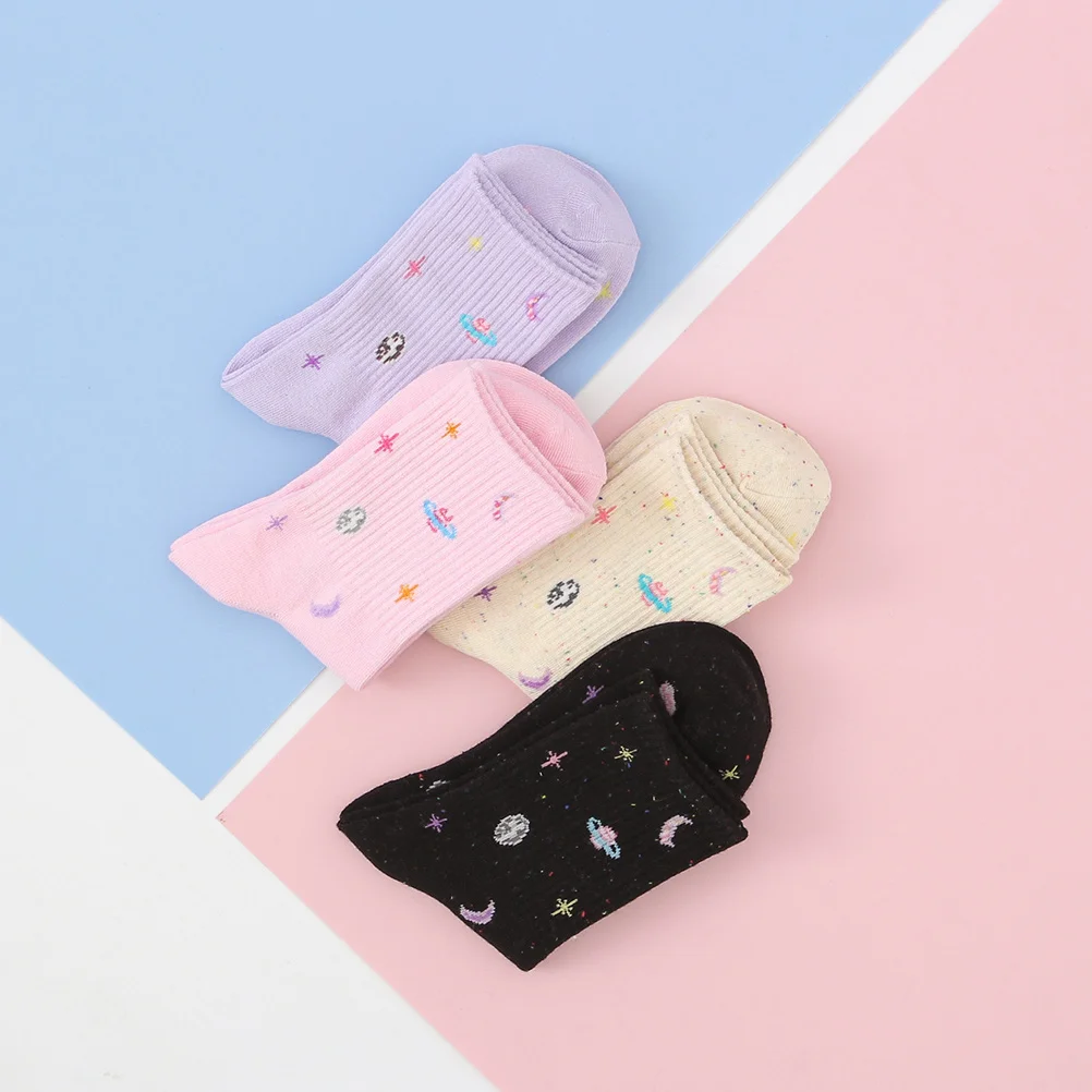 4 pares de calcetines Sky de algodón de tubo medio, calcetines cálidos transpirables con estampado para mujeres y niñas, medias de algodón de tubo medio