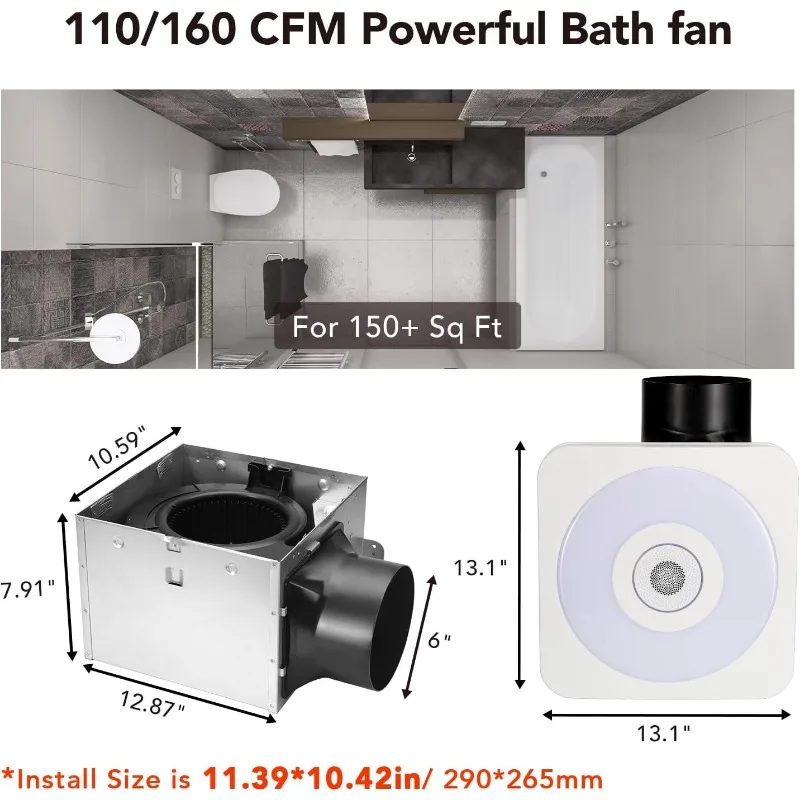 OL005 Bathroom Fan with Bluetooth Speaker, 110/160 CFM 1.0 Sone Bathroom Exhaust Fan with