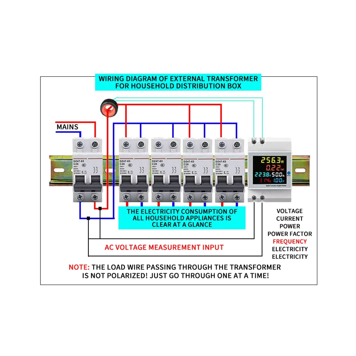 

Цифровой электроизмеритель на Din-рейке, AC40-300V 100A вольтметр, измеритель тока и мощности, измеритель частоты электроэнергии в кВтч