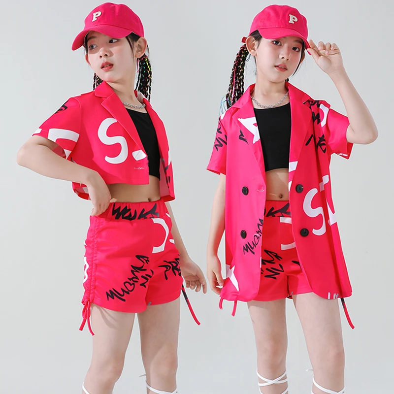 Trajes modernos de dança hip hop para crianças, terno rosa solto, roupas de jazz para meninas, roupas de palco, novo, DQS12712, 2022