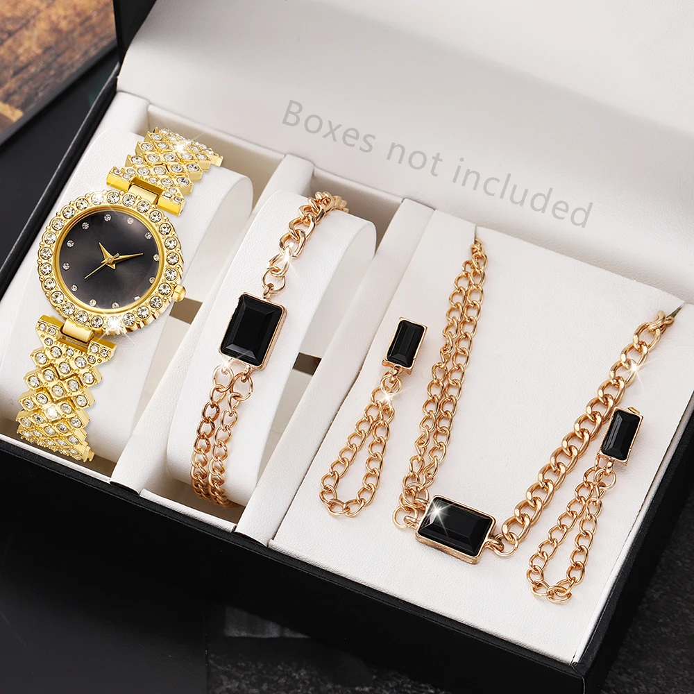 5pcs Women's Watch Elegant Quartz Watch Alloy Strap Gold and Alloy Square Bracelet Necklace Earrings Watch Set