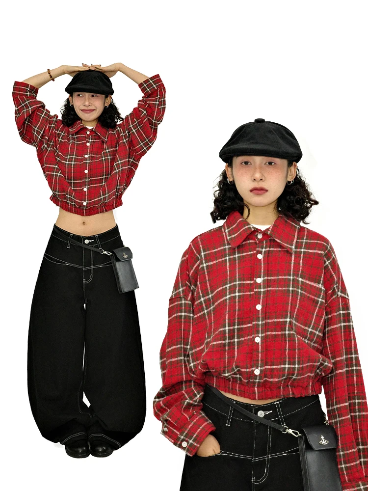 

Gulu Oh Retro Japanese Sweet And Spicy Waist-Cinching Long Sve irt Design ort Red Plaid Cotton Women's Casual irt