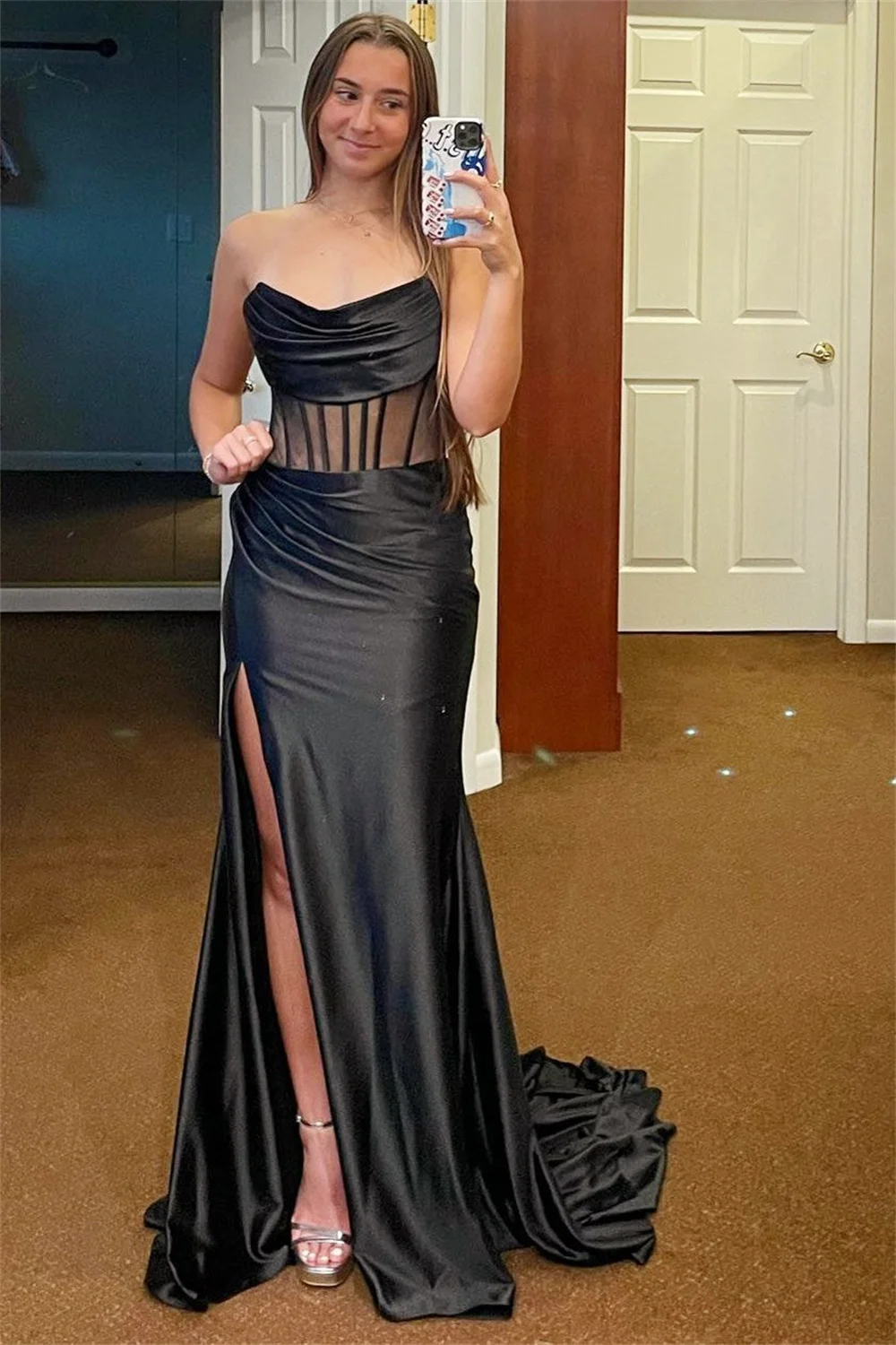 Sansa Strapless Satin Prom Dress Pleats Sleeveless Vestidos De Fiesta Sexy Side High Split Mermaid Cut-out Evening Dress 2024