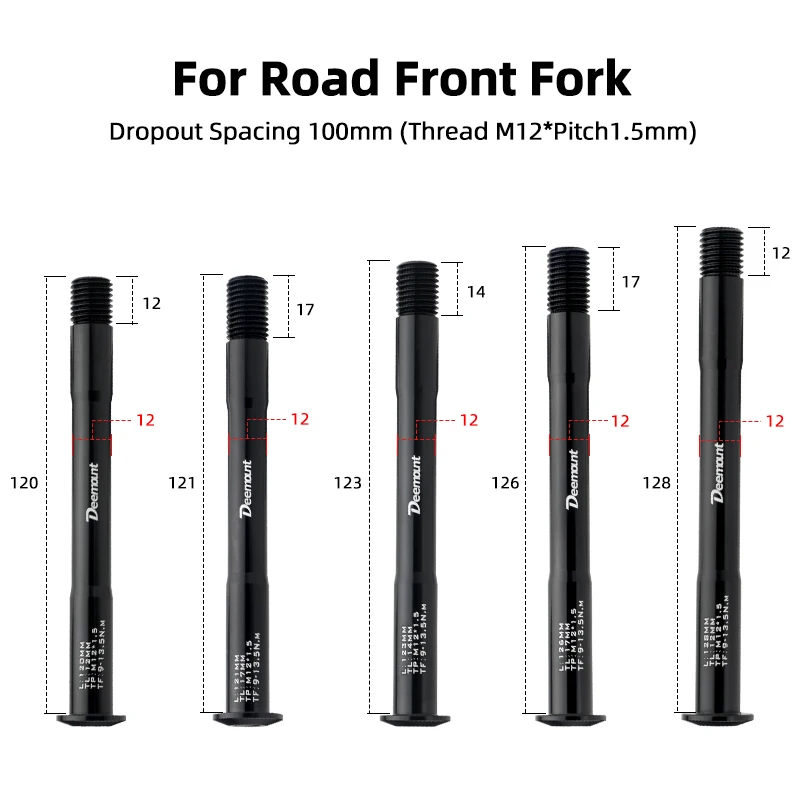 Deemount M12*P1.5 Thru Axles L120-181mm for Road Bicycle Front Fork Dropout Spacing 100mm MTB Rear Hub 142/148mm Aluminum Shaft