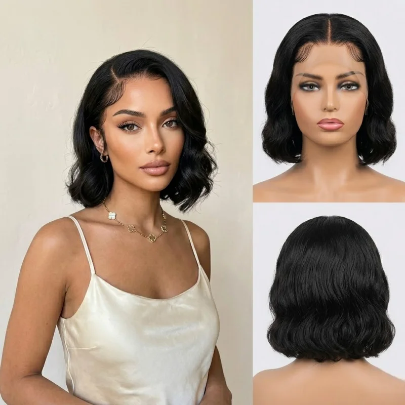 12 Zoll Natürliche Schwarze Body Wave Synthetische Bob-Perücke 13x4 HD Transparente Lace Front 150 Dichte Klebefreie Perücke Mit Babyhaar
