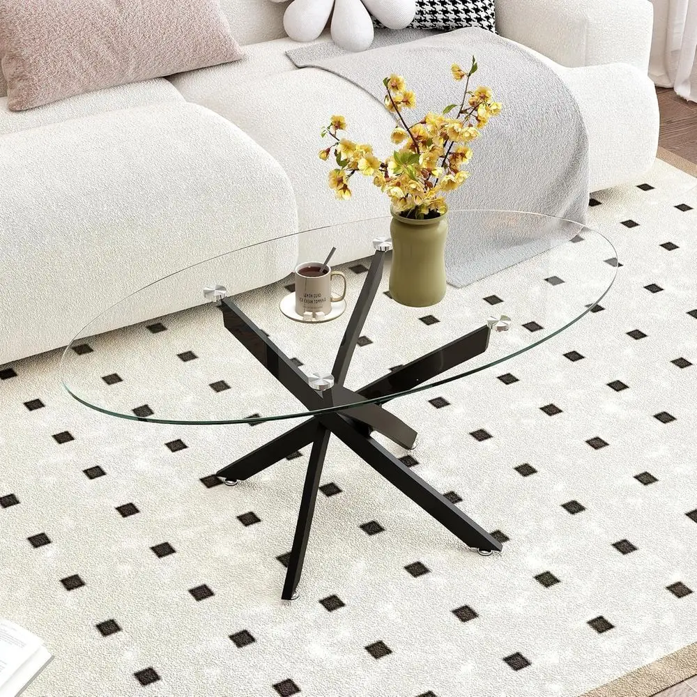 طاولة قهوة حديثة بيضاوية من الزجاج المقسى - إطار معدني أسود أنيق لغرفة المعيشة والمكتب