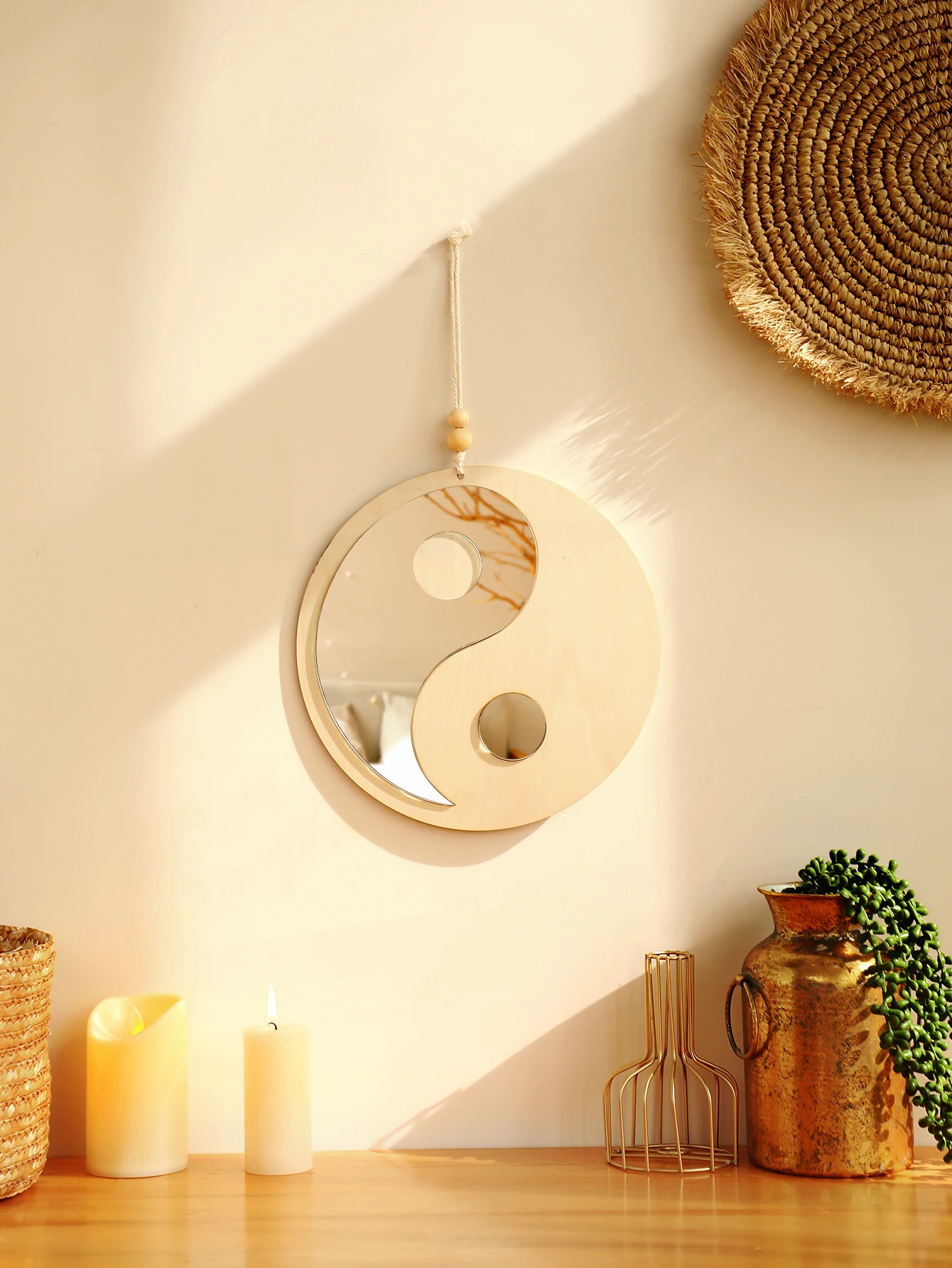 Wooden Mirror Wall Hanging Yin Yang Decorative Mirror Home Decoration Feng Shui Room Decor Aesthetic Wall Art for Living Room