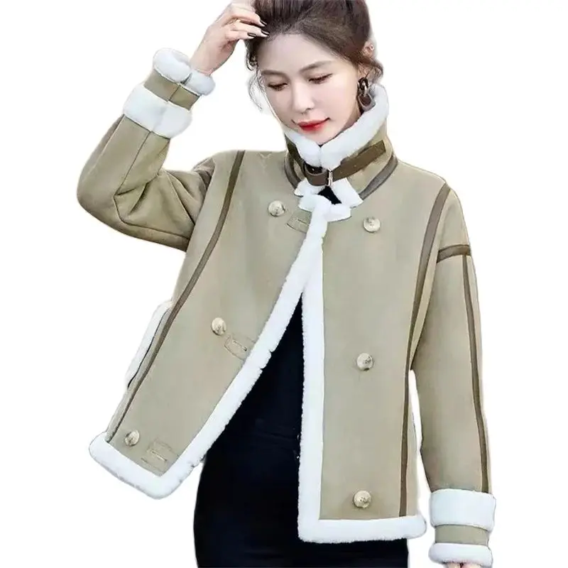 One Piece Deer Skin Velvet Jacket Women Autumn Winter Coat Short Thickened Lamb Wool Motorcycle Leather Jacket Outerwear Female