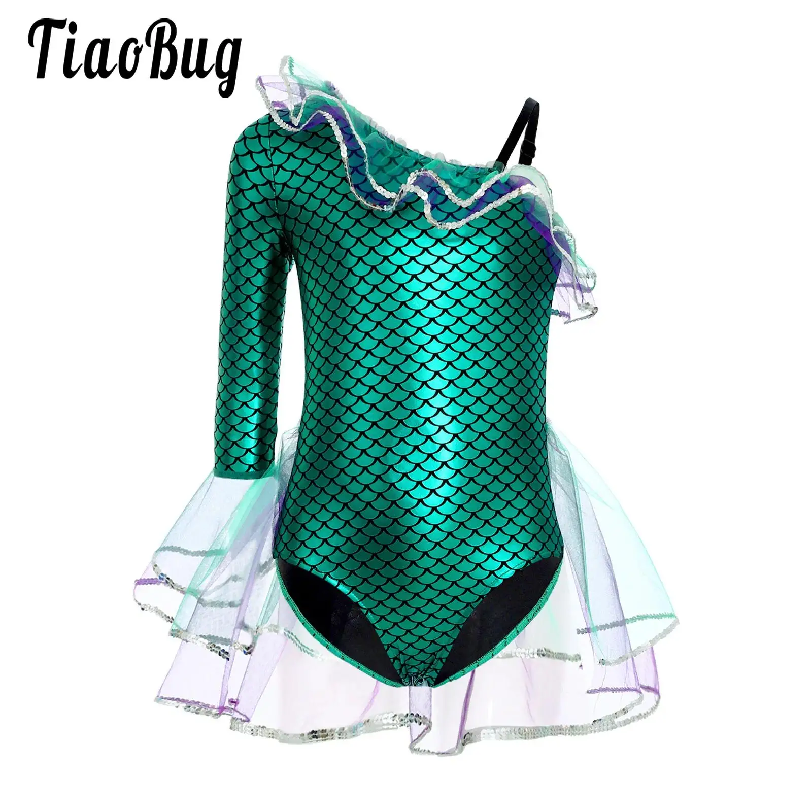 

Kids Girls Mermaid Cosplay Costumes Print Leotards Dance Jumpsuit Gymnastic Long Sleeve Waist Ruffled Overlay Mesh Tutu Bodysuit