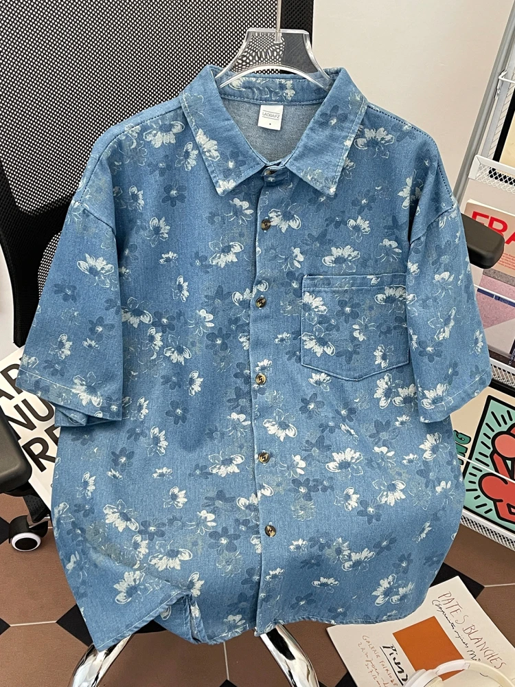 

Summer Thin Floral Denim ort Sve Casual irt for Men Vintage Hipster Teenage Hong Kong Sle Loose Fit ape Memory