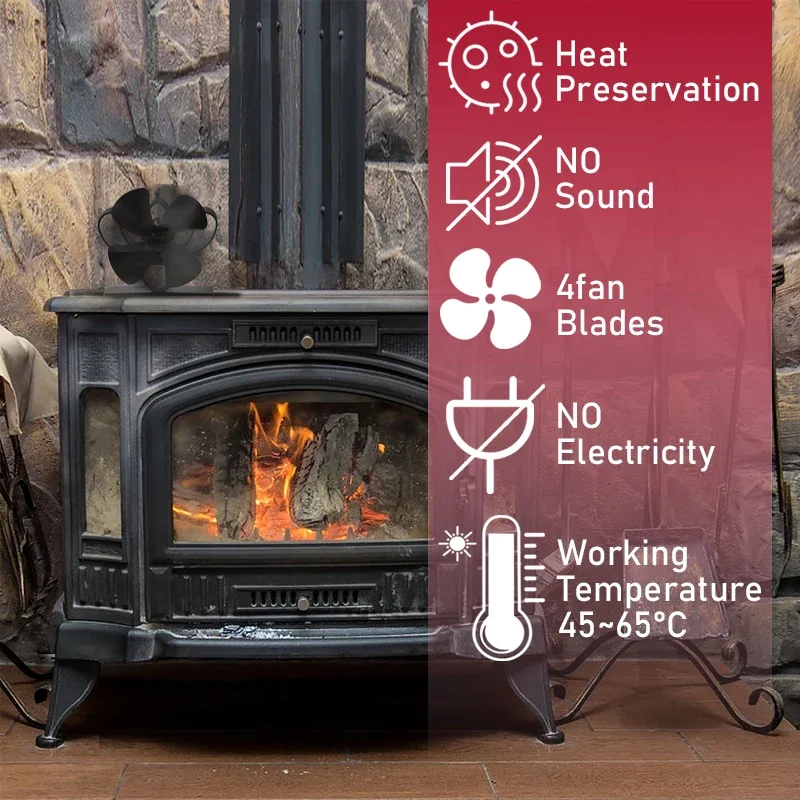 4 Blade Fireplace Fan Heat Powered Stove Fan Heater Log Wood Burner Eco Quiet Fireplace Fan Home Efficient Heat Distribution