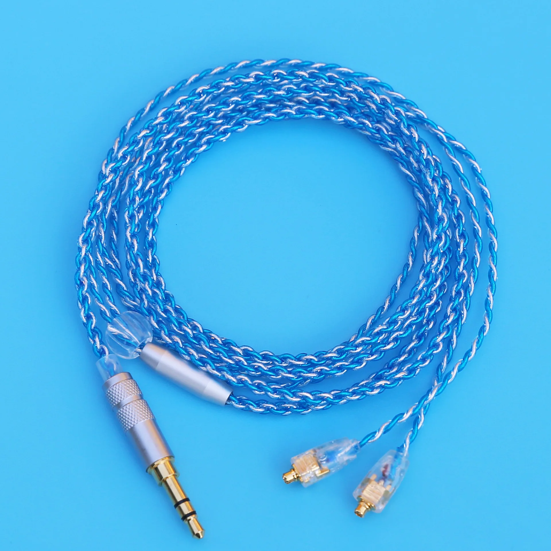 3.5mm Jack MMCX Upgrade Earphones Cable Blue Silver Braided Silver