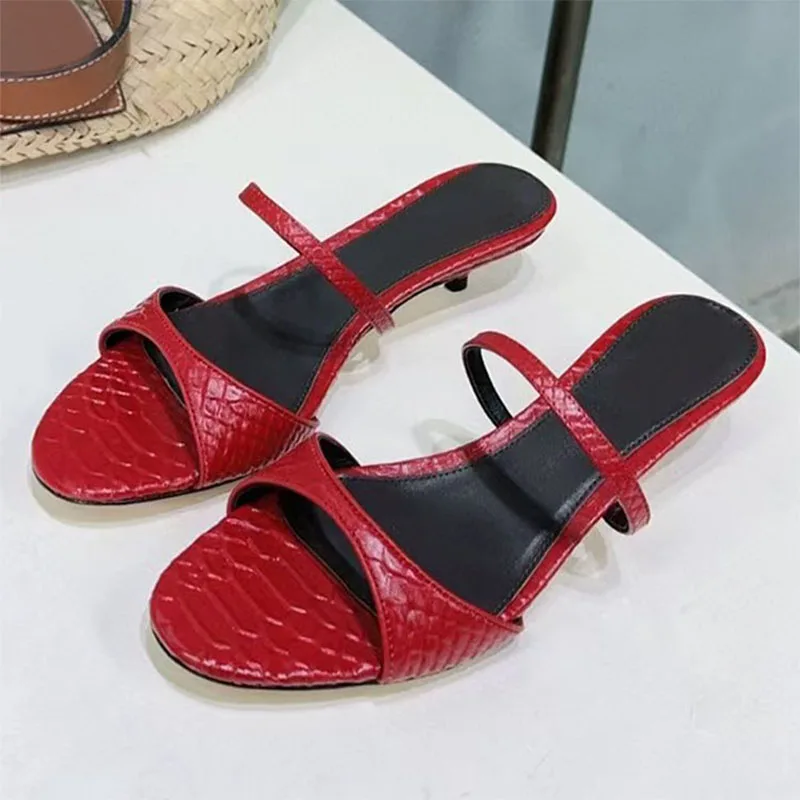 

Classic Kitten Heels Slippers Woman Summer Genuine Leather Slides Woman Narrow Strap Mules Shoes Outdoors Comfort Slippers Women