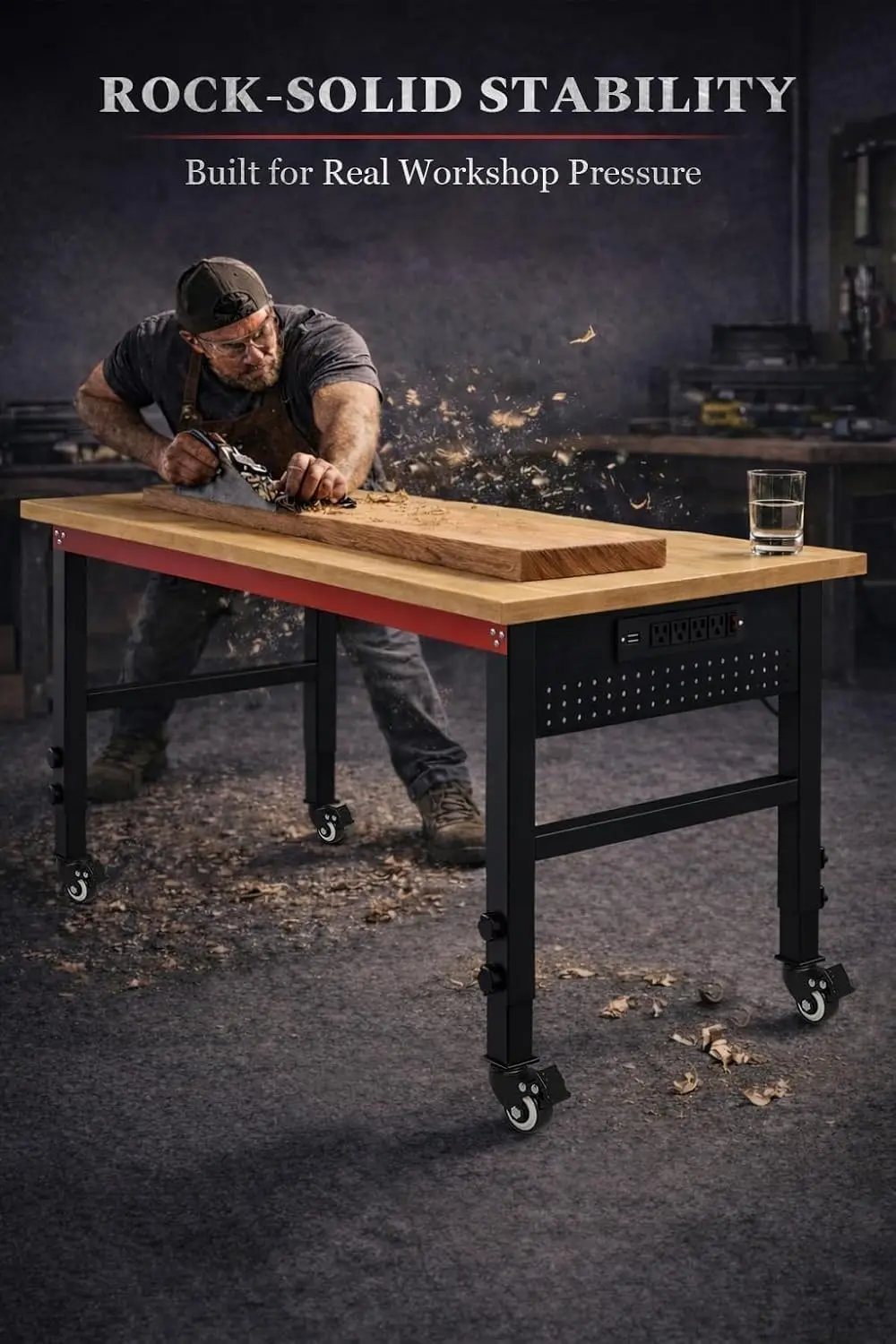 48 Inch Workbench Wheels Adjustable Height Power Strip Pegboard 2000Lbs Solid Wood Top Work Table Reinforced Steel Frame Garage