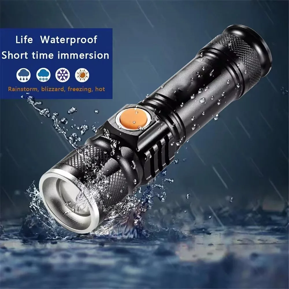 Powerful LED Flashlight With Tail USB Charging Head Zoomable waterproof Torch Portable light 3 Lighting modes Built-in battery