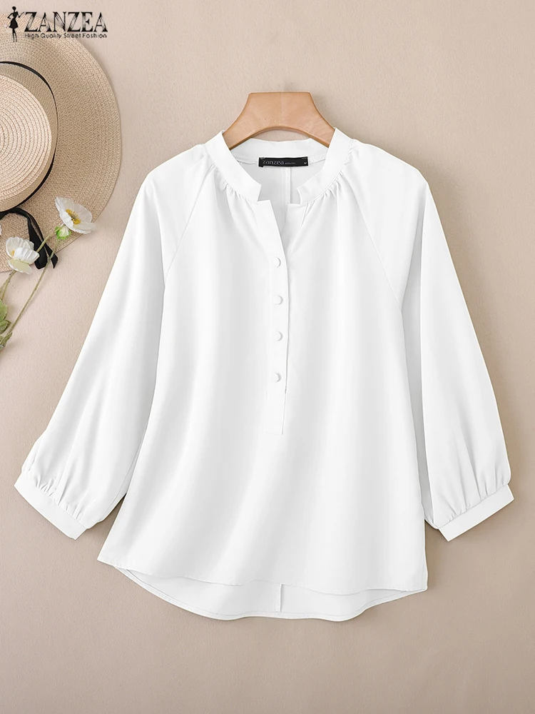 เสื้อเชิ้ตแฟชั่นผู้หญิง ZANZEA ปี 2025 สีพื้น แขน 3/4 เสื้อเบลาส์ลำลอง สไตล์ฤดูใบไม้ร่วง เสื้อทำงานผู้หญิง ดีไซน์หรูหรา ทรงหลวม ติดกระดุม คอวี