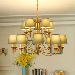 Vintage Iron Chain Chandelier Lights American Rural Green Fabric Lampshade Living Room Decoration Gold Dining Room Lighting lamp