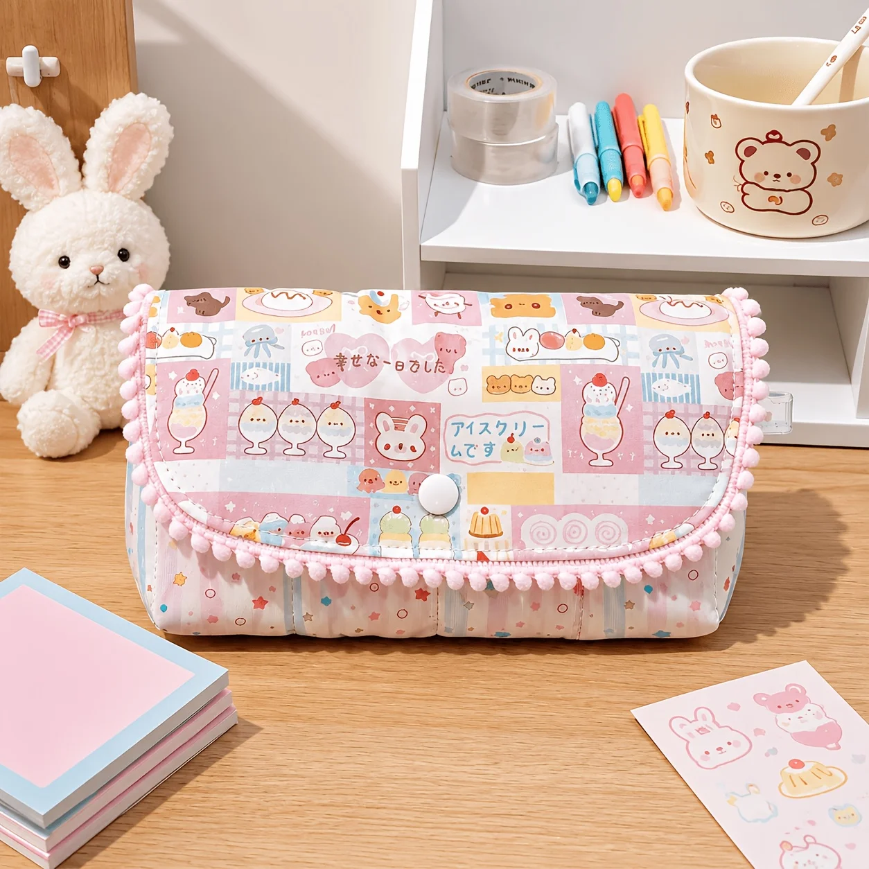1 Dopamine-Style Pencil Case, Suitable for School and Office, Small Quilted Soft Fabric Bag with Flap and Snap Closure, Multi-Compartment Storage Bag, Can Hold Pens, Cards, Coins, Portable Pencil Case, Can Be Used as a Birthday Gift