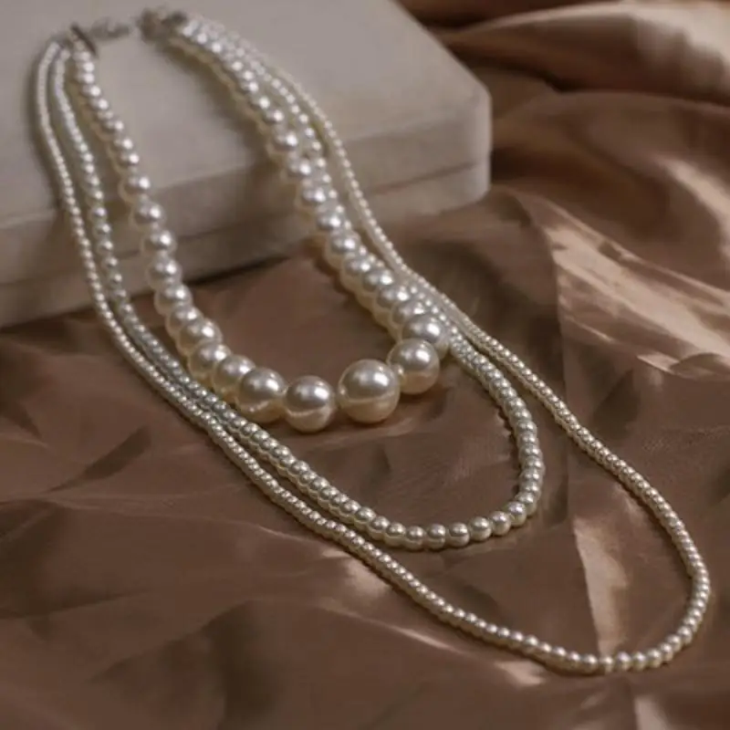 UILZ White Alloy Imitation Pearl Necklaces For Women Fashion 3 Layer Double Button Necklace Evening Party Jewelry