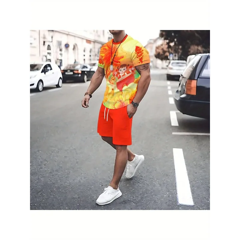 

2025 Trendy Casual Daily Sports Polyester Fiber Round Neck Short Sleeved Set Fashionable Men's 3D Printed T-shirt Shorts