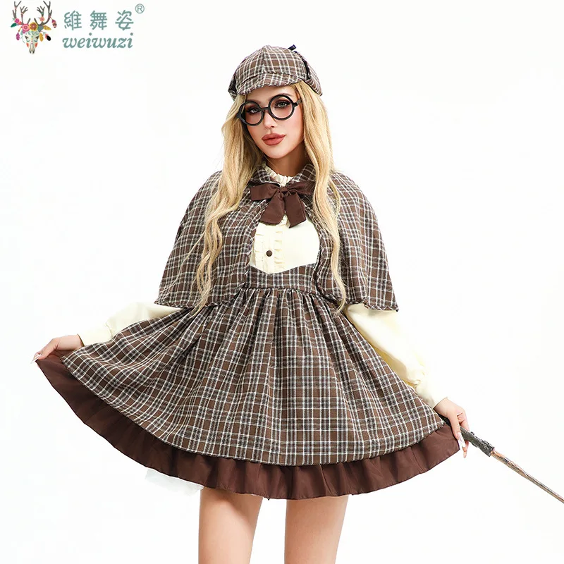 Halloween Costume Adult Female Detective Cosplay Costume British High Collar Long Sleeve Dress Game Reasoning Party Fancy Outfit view 3