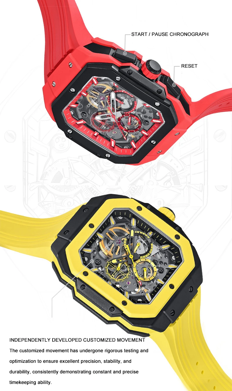 CRONUSART Мужские автоматические часы с хронографом 45 мм * 55 мм Квадратные механические наручные часы Корпус из углеродистой стали Светящийся ремешок из фторкаучука