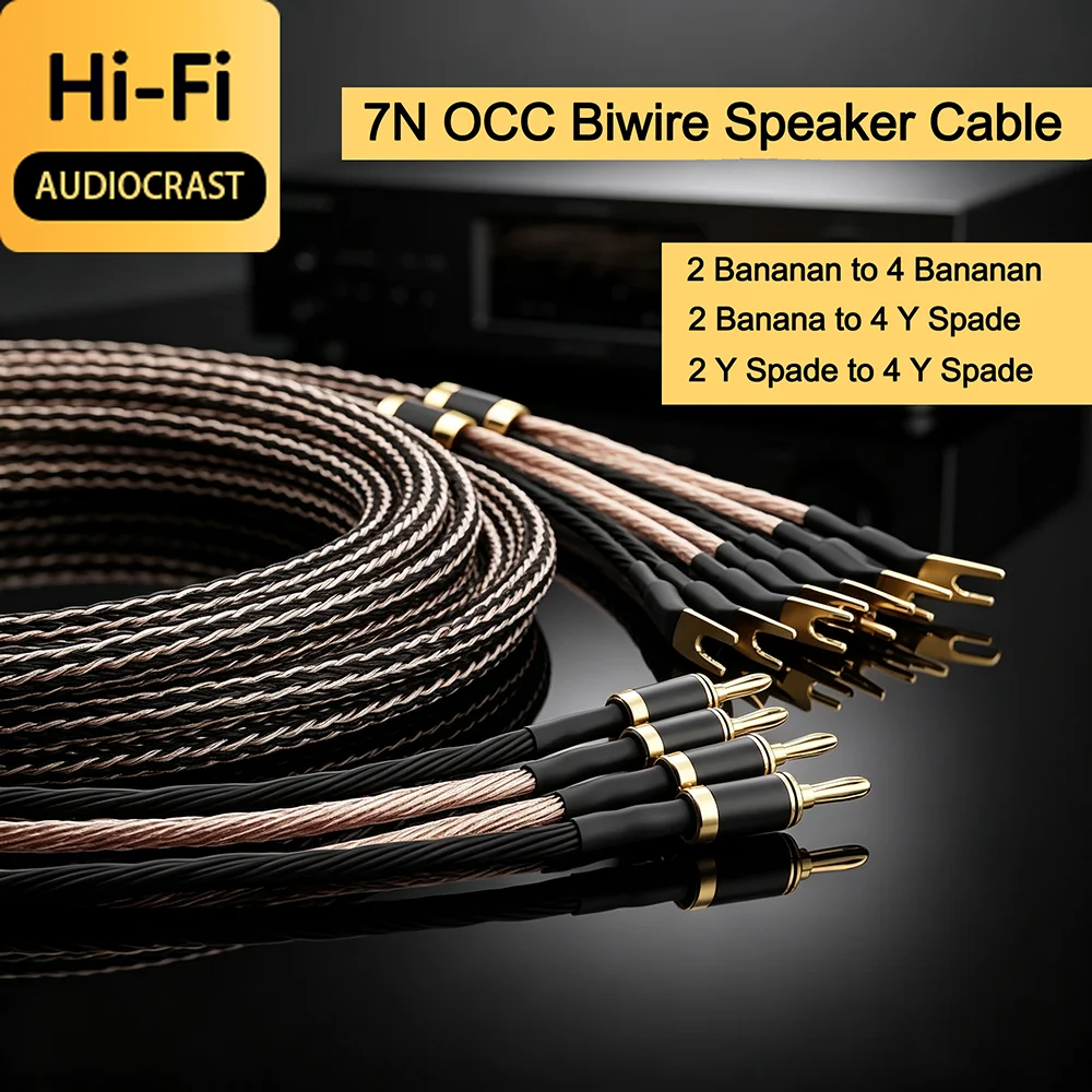 Audiocrast 7N OCC Biwire Speaker Cable Carbon Fiber Anti Noise Gold Plated 2 Banana 4 Y Plug HiFi Lossless Speaker Audio Wire