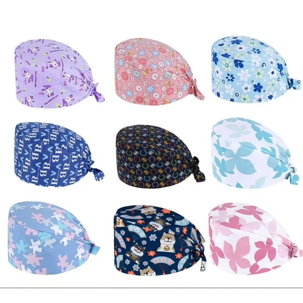 Unisex Cartoon Printing Scrub Cap Adjustable Buckle Pure Nursing Cap Print Design Breathable Soft Healthcare Hats Operating Room