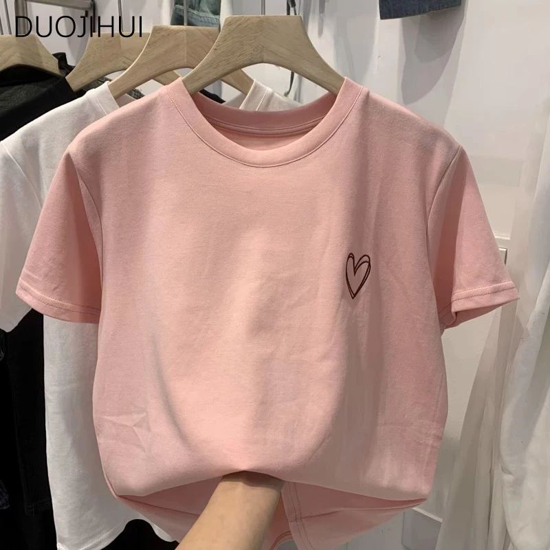 DUOJIHUI rosa Chic stampa dolce semplice Casual femminile t-shirt estate nuova base o-collo tinta unita moda donna allentata t-shirt