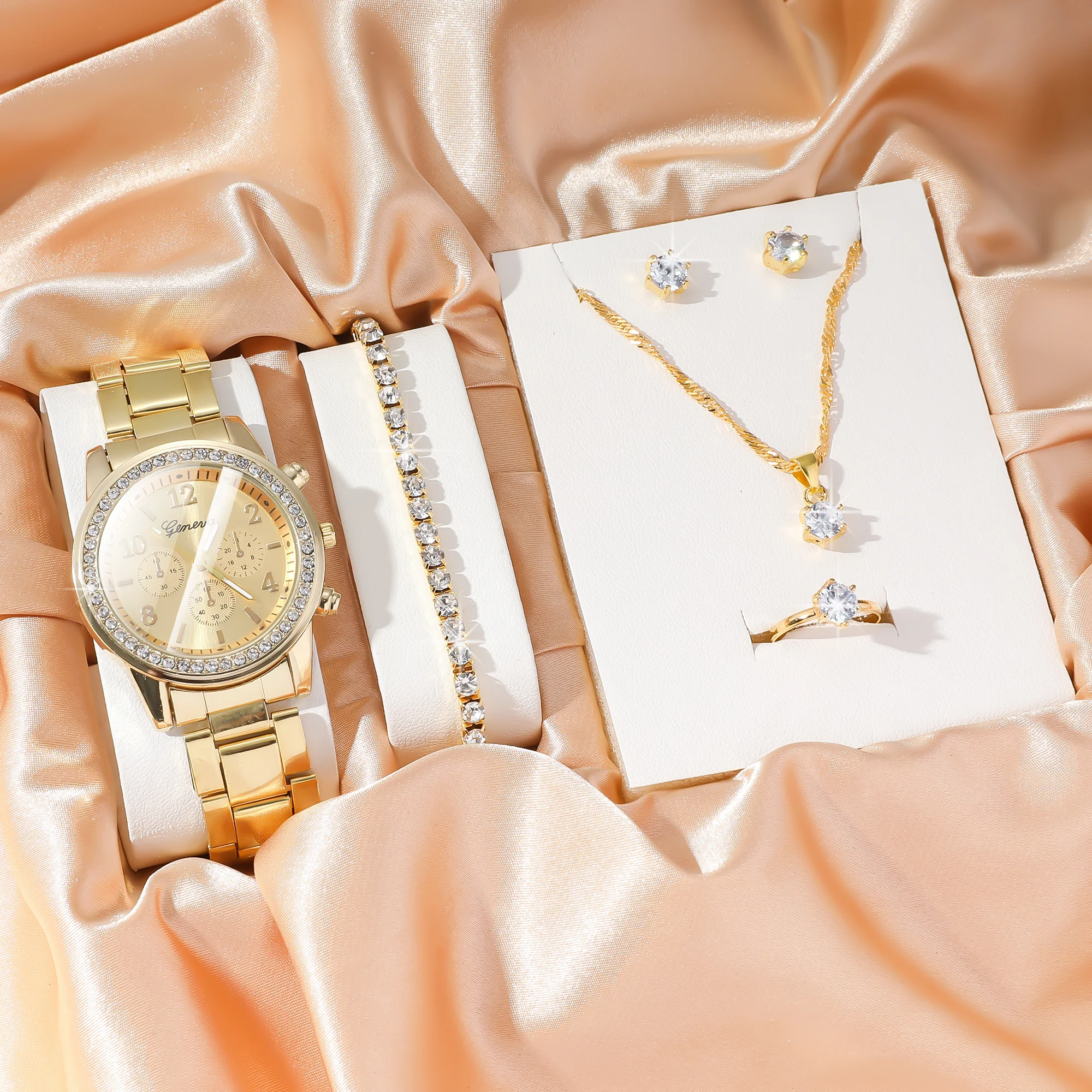 

Без подарочной коробки. Модный женский комплект часов с элегантными кварцевыми часами. Набор украшений с бриллиантами из 5 предметов.