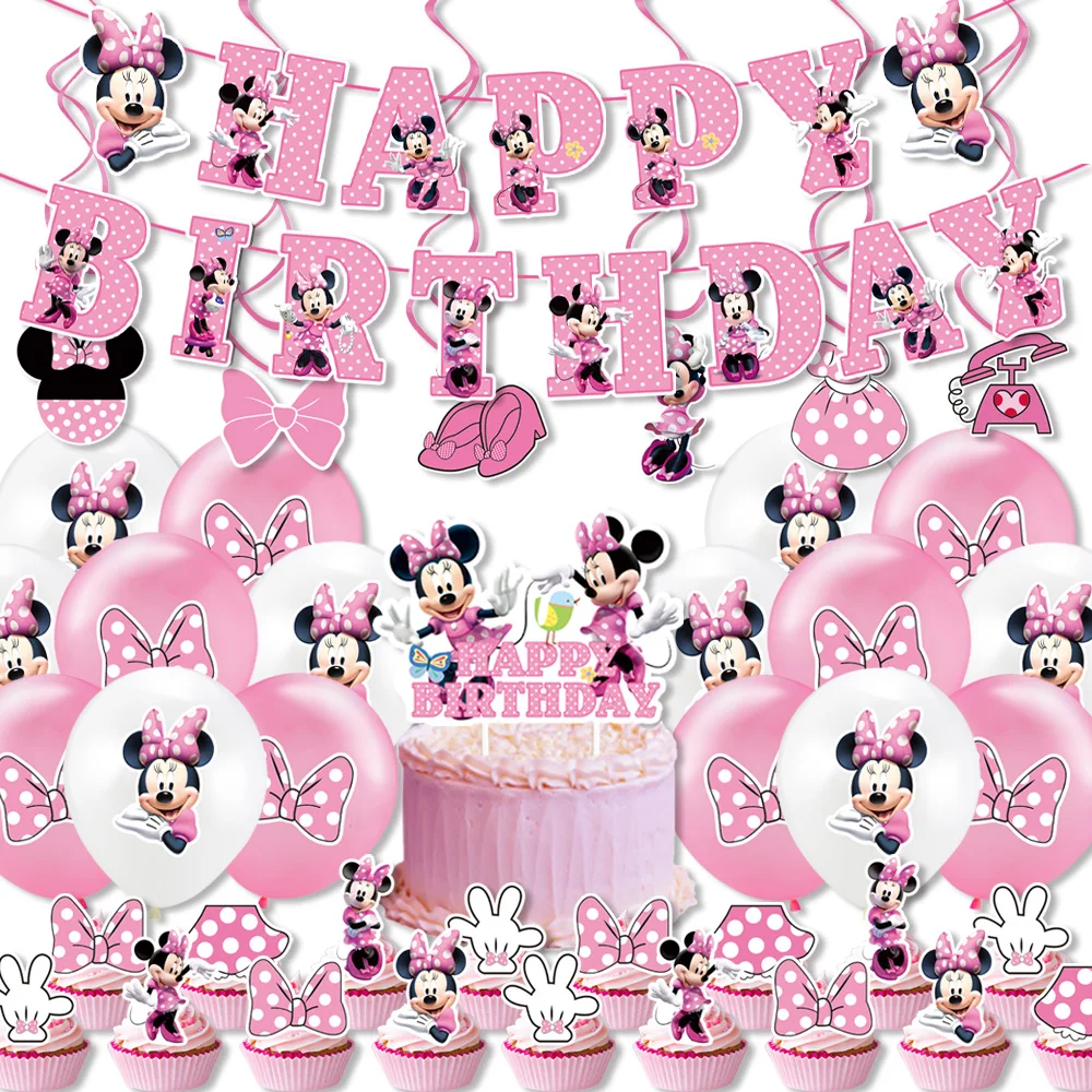 

Disney Minnie Mouse Party Decorations Pink Birthday Tableware Paper Cup Plate Napkins Balloons Banner for Girl Kids Baby Shower