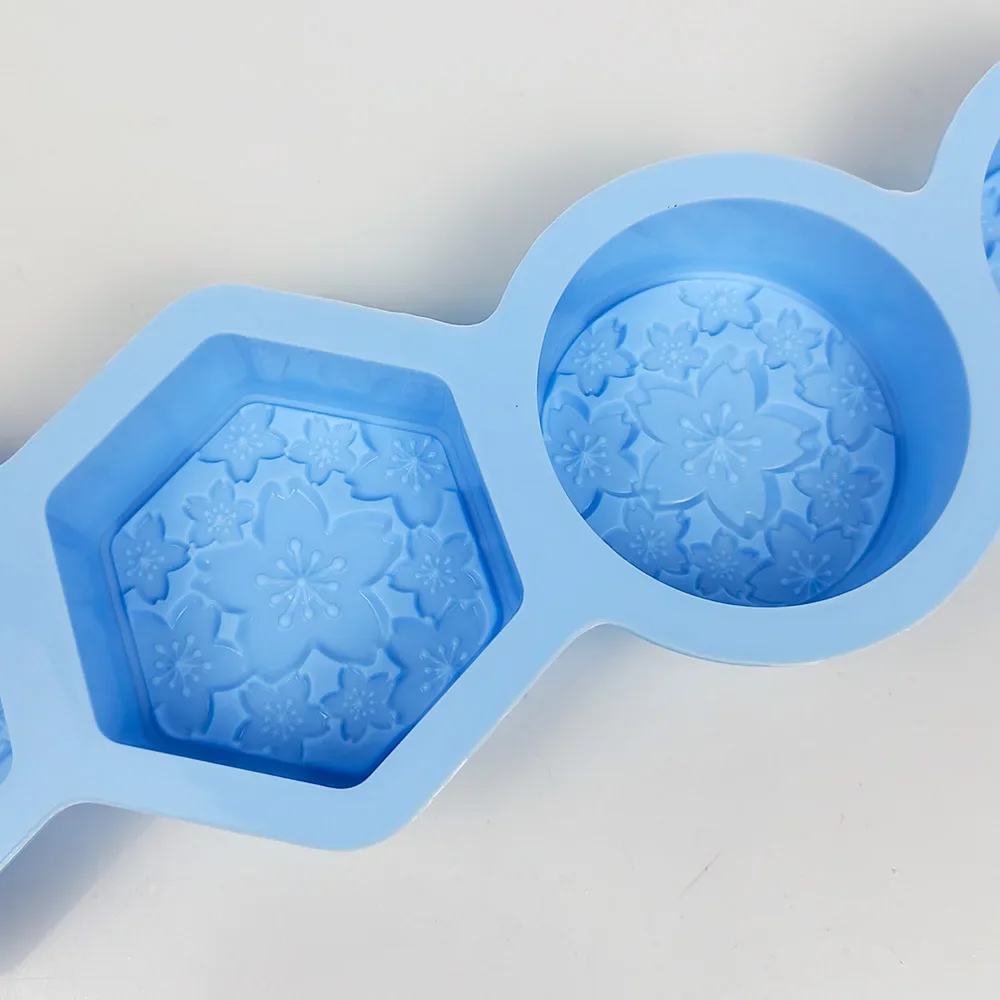 4 Holes Relief Flower Hand Soap Silicone Moulds Easy Demold Sakura Sphere Candle Gypsum Mold Round Hexagon Chocolate Making Tray