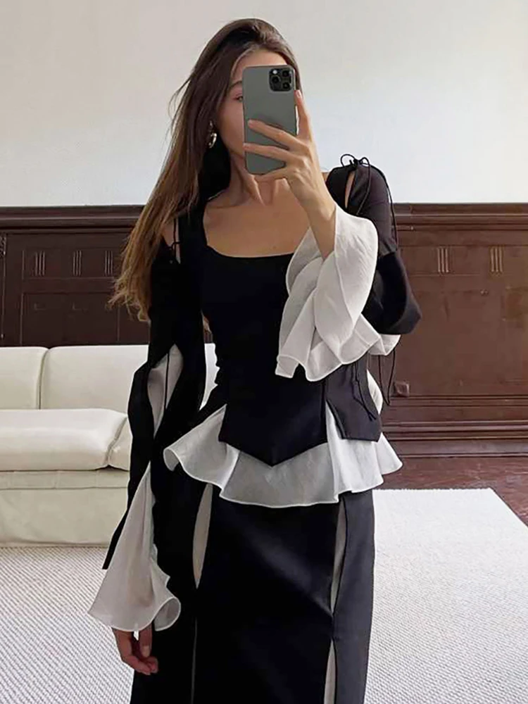 

Женская футболка Weird Puss нестандартной формы в стиле пэчворк с рукавами-колокольчиками и квадратным воротником, разрезом, веревка, фатиновый подол, стрейч, обтягивающая трендовая повседневная уличная одежда