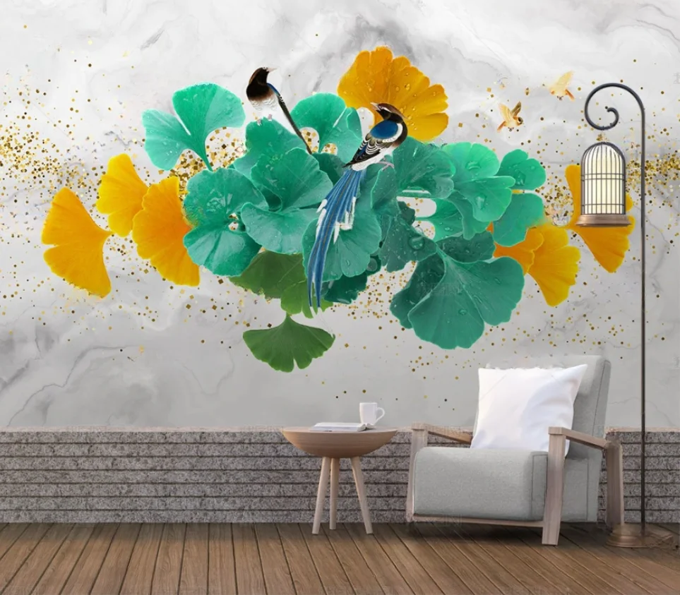

Customized mural wallpaper modern simple watercolor golden ginkgo leaf marble photo art wallpaper bedroom decoration wallpaper
