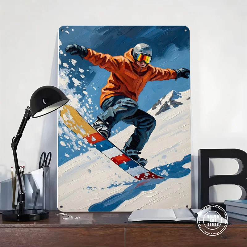 Snowboarder in Action Painting 3D Texture Printed Poster Custom Vintage Metal Tin Plate Sign for Wall Art Home Decoration Luxury
