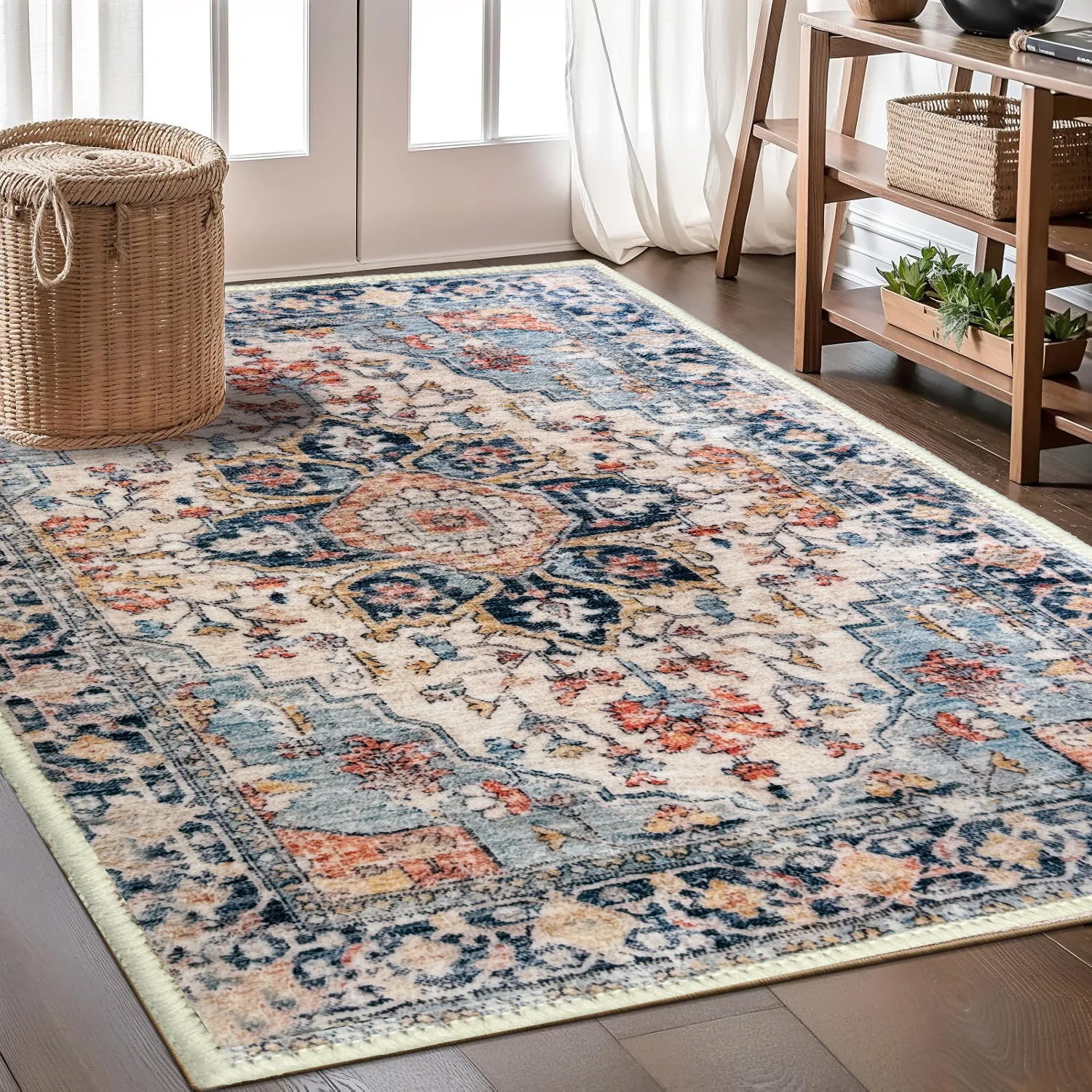 Faux Wool Carpets for Living Room Turkish Vintage Bohemian Ethnic-Style Machine-Washable Carpet Non-Slip Easy-Care Rug Floor Mat