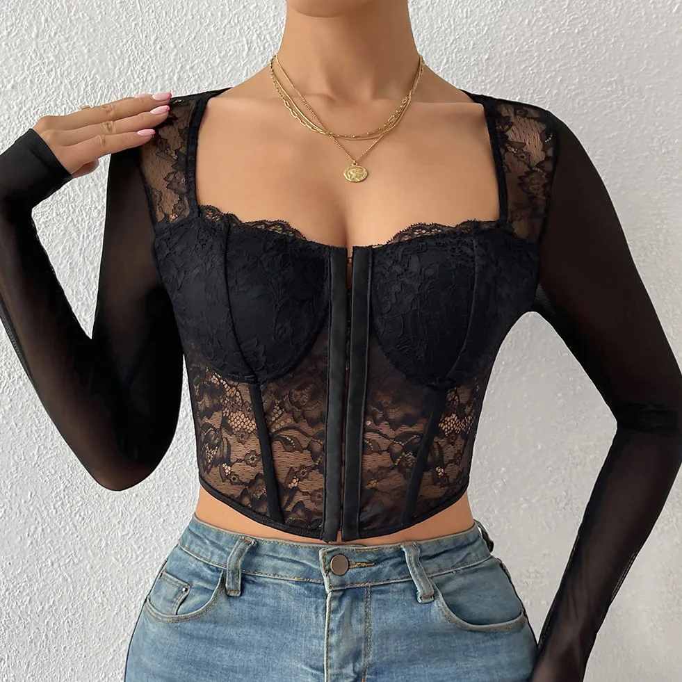 

Selection of Autumn Chic Sexy​ V Neck Long Sleeve Mesh Crop Top, Women Black Lace Embroidery Hollow Out Slim Blouses