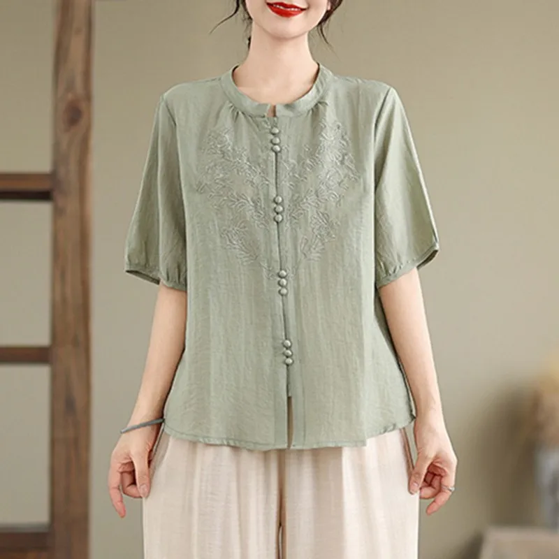 Women Summer Casual Shirt New Arrival 2024 Chinese Style Vintage Embroidery Loose Female Short Sleeve Tops Shirts B3872