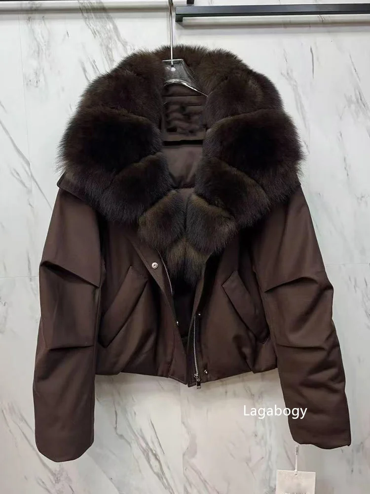 Lagabogy Women's Winter Down Jacket Real Fur Coat Huge Natural Fox Fur Duck Down Jacket Casual Female Feather Parka Puffer Coat