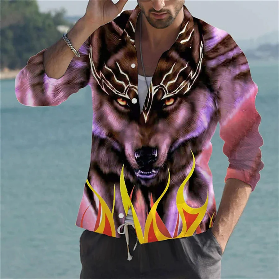 

2024 men's Retro Lion Pattern Shirt Casual Outdoor Street Fashion Long Sleeved Shirt Fashionable 3D Printed Animal Style Top