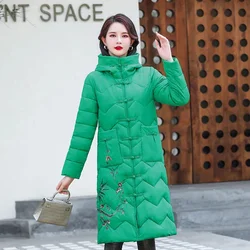 Winter Down Jacket Women's 2024 New Chinese style Ethnic style Cotton Hooded Coat Loose Thicken Warm Parka Female Long Overcoat