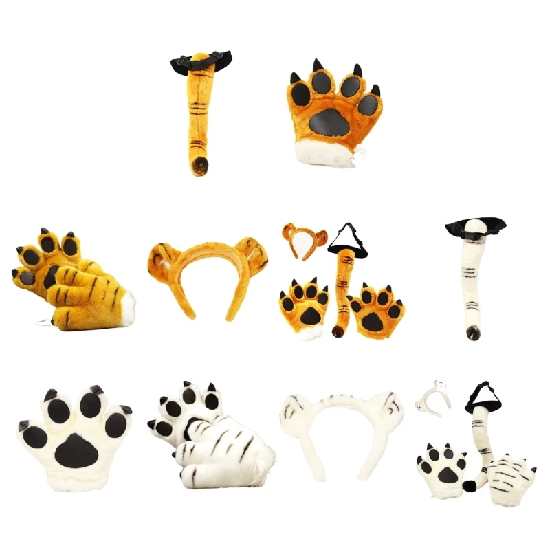 4Pcs Tigeres Costume Set Tigeres Ears Headband Tail Paw Gloves Kids Halloween Christmas Cosplay Dropship