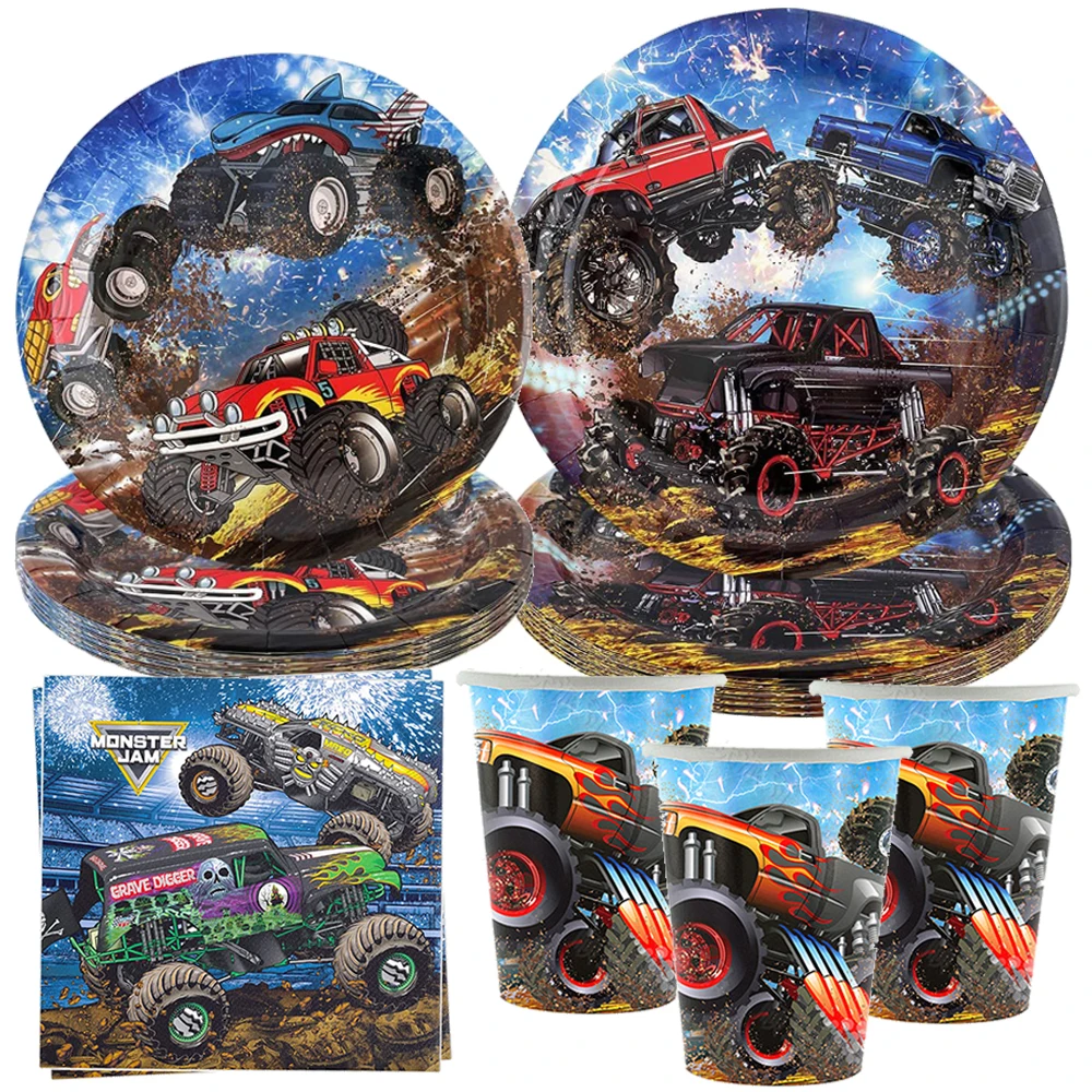 Monster Truck Birthday Party Disposable Tableware Monster Car Paper Plates Cups Napkins Supplies Monster Machines Birthday Decor