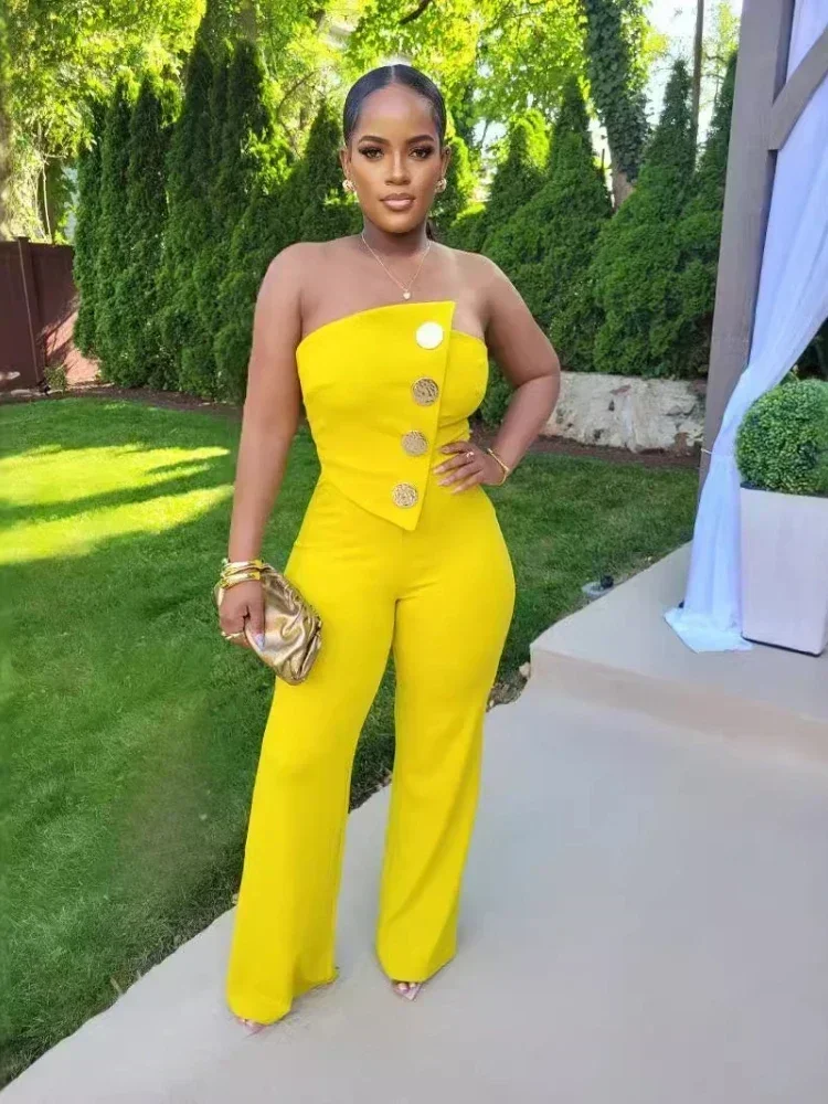 CPSYMYM  Elegant Off Shoulder Button Strapless Irregular Girl Jumpsuits Women's Fitted Overalls Outfits Night Clubwear One Piece